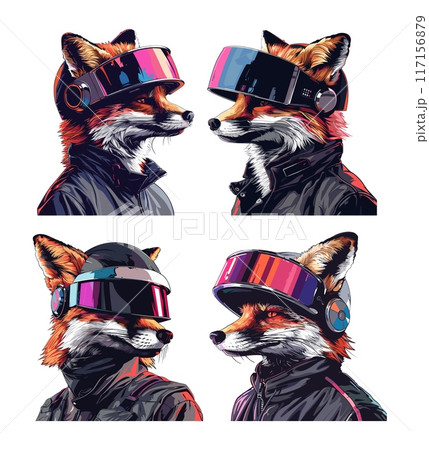 Cyber fox cartoon vector concepts. Canine ears pelage head coat helmet virtual reality visor tech sci fi wild creature digital picture device isolated illustrations 117156879