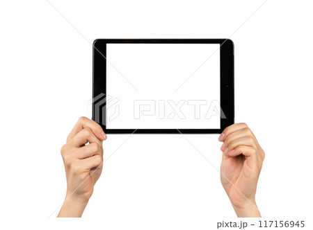 Hand holding digital tablet isolated on white background, Clipping path. Hand holding digital tablet isolated on white background, Clipping path. 117156945