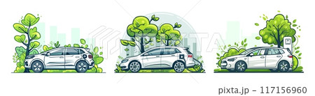Charging vehicles urban spot outline vector artworks. Verdant park hybrid trees city skyline eco friendly power forthcoming automobiles energy isolated illustrations 117156960