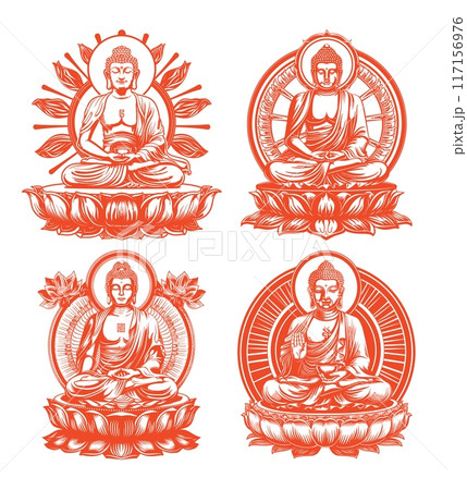 Buddha statues lotus flowers ink sketch vector concepts. Meditation spiritual zen serenity calm peaceful sacred enlightenment mandala eastern tranquil isolated on white background 117156976