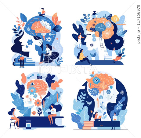 Brainstorming cartoon vector concepts. Students brain teamwork book laptop ideas knowledge education innovation study development growth isolated illustration 117156979