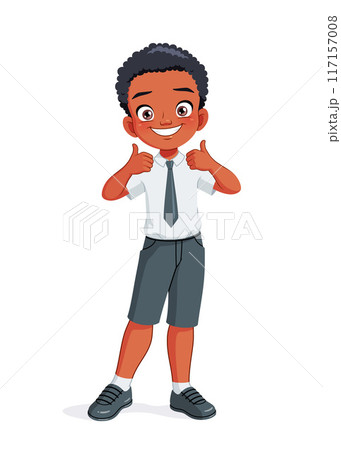 Little African American school boy showing thumbs up. Cartoon vector illustration. Little African American school boy showing thumbs up. Cartoon vector illustration. 117157008
