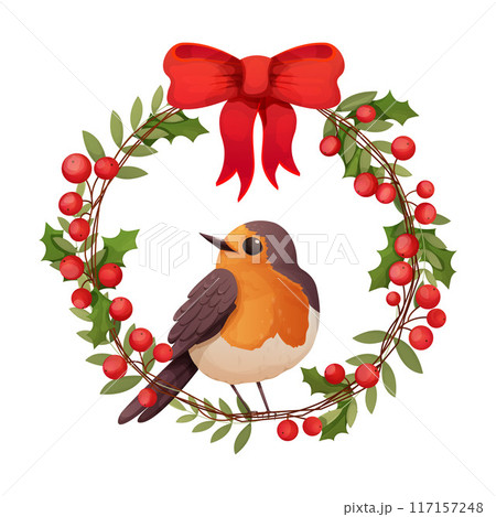 Robin bird with wreath and baw cute little bird character on branch greeting isolated on white background.  117157248