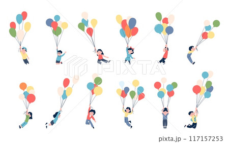 Children flying with balloons. Happy kids soaring with colorful balloon. Happiness and joyful, freedom carefree childhood metaphor, recent vector set Children flying with balloons. Happy kids soaring with colorful balloon. Happiness and joyful, freedom carefree childhood metaphor, recent vector set 117157253