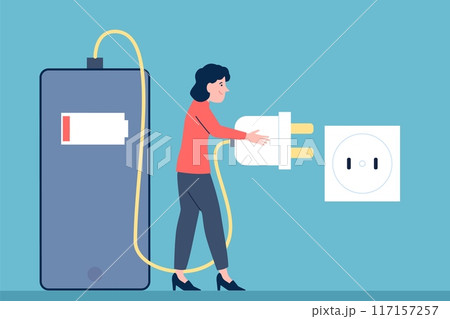 Girl charge phone. Smartphone has low battery. Woman hold electric plug and connects it to socket. Mobile phone dont work, recent vector concept 117157257