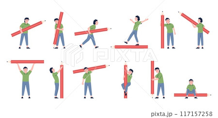 Tiny man with big pencil. Businessman writing drawing creating, signs document. Designer or writer, blogger painter. Recent vector creative character 117157258