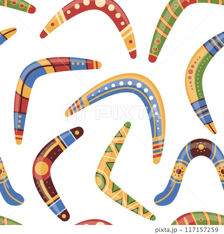 Australian boomerangs seamless pattern. Aboriginal boomerang decorative style. Traditional hunting weapon, fabric template nowaday vector design Australian boomerangs seamless pattern. Aboriginal boomerang decorative style. Traditional hunting weapon, fabric template nowaday vector design 117157259