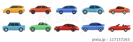 Flat car icons. Isolated automobiles, cars vintage style elements. City vehicle, sedan hatchback cabrio style. Personal urban transport nowaday vector set 117157263