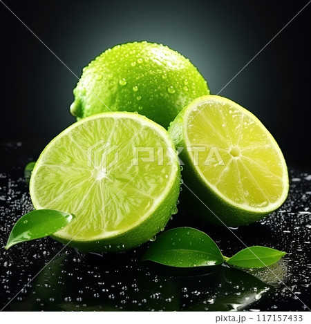 Fresh green limes with water drops on black surface, one halved, ample text space 117157433