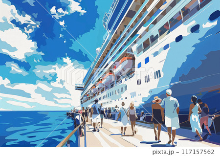 大型客船が停泊する桟橋を歩く乗船客 大型客船が停泊する桟橋を歩く乗船客 117157562