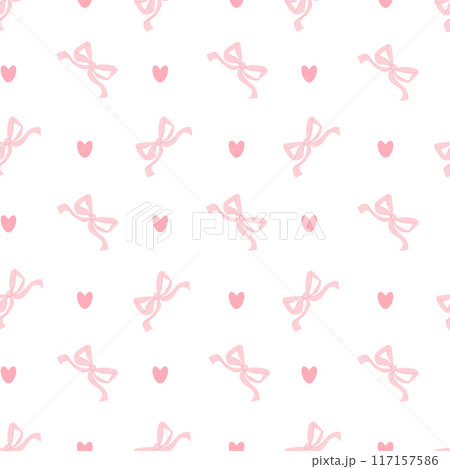 Coquette seamless pattern pink ribbon bow and hearts on white background. Vector illustration. Trendy girly vintage accessories modern drawing. Coquette seamless pattern pink ribbon bow and hearts on white background. Vector illustration. Trendy girly vintage accessories modern drawing. 117157586