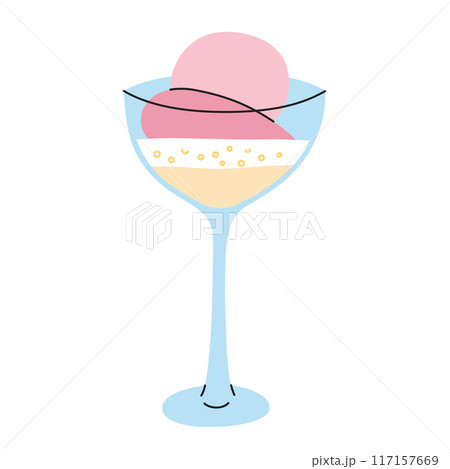 Vibrant vector illustration of a summer dessert, ice cream in champagne in a wineglass. Trendy treat for celebrations and festive parties. Flat cartoon style, fancy alcohol beverage Vibrant vector illustration of a summer dessert, ice cream in champagne in a wineglass. Trendy treat for celebrations and festive parties. Flat cartoon style, fancy alcohol beverage 117157669