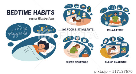 Sleep hygiene vector illustration set. Bedtime habits collection, relaxation tips, healthy night routines. Flat cartoon people in cozy bedrooms. Sleeping schedule, deep sleep tracking, evening rituals 117157670