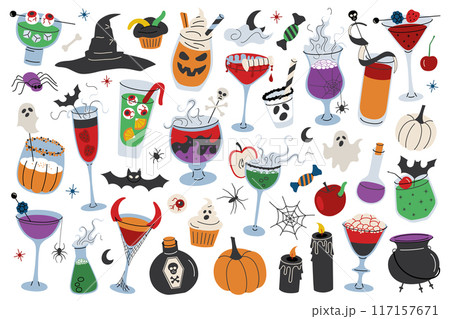 Halloween drinks collection, party cocktails doodles, vector illustration set of glasses with creepy garnishes, sangria with eyeballs, witch heart, vampire kiss, punch with dry ice, spooky celebration 117157671