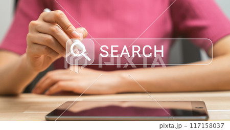 Woman hand holding digital pen and touching on search browsing internet data information with tablet, Technology networking concept. 117158037
