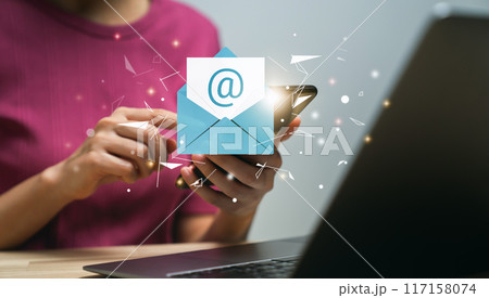 Hand using smartphone and shows a digital screen of new email notifications, messages to deliver. Hand using smartphone and shows a digital screen of new email notifications, messages to deliver. 117158074