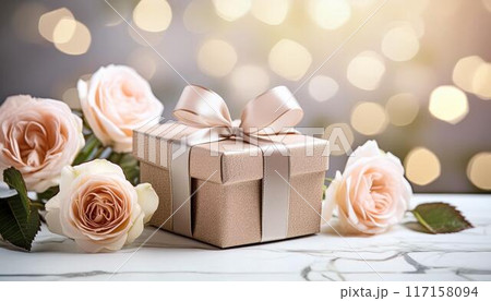 Rose flowers and gift box with ribbon .Greeting card with space for text 117158094