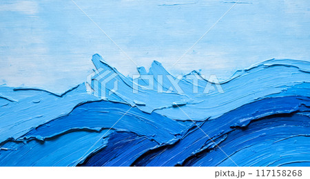 Close up texture painting bold blue brush strokes wave pattern canvas, vibrant azure cobalt hues, artistic sea concept, decorative wall art, modern acrylic artwork detail 117158268