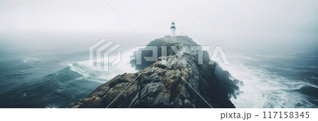 Lighthouse on a cliff edge in stormy and misty weather. Generative AI 117158345