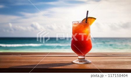 Rum Runner cocktail on background with blue sea and sky tropical background. Generative AI 117158404