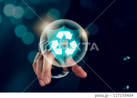 Businessman hand touching RECYCLE sign with shield, Environment and ecology concept. 117158484