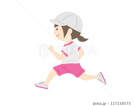 運動会で走る、赤白帽をかぶった、女の子のイラスト 117158573