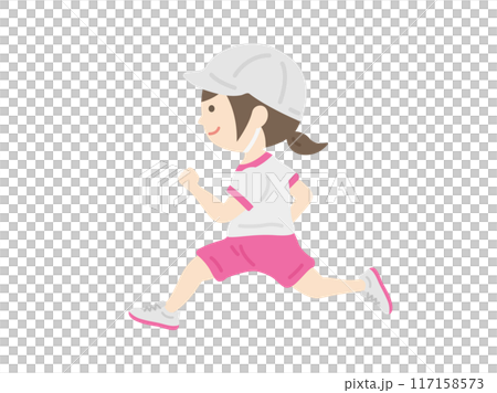 運動会で走る、赤白帽をかぶった、女の子のイラスト 117158573