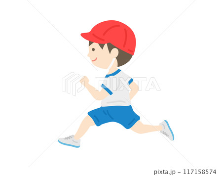 運動会で走る、赤白帽をかぶった、男の子のイラスト 117158574