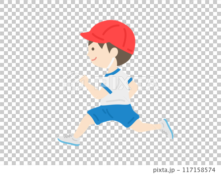 運動会で走る、赤白帽をかぶった、男の子のイラスト 117158574