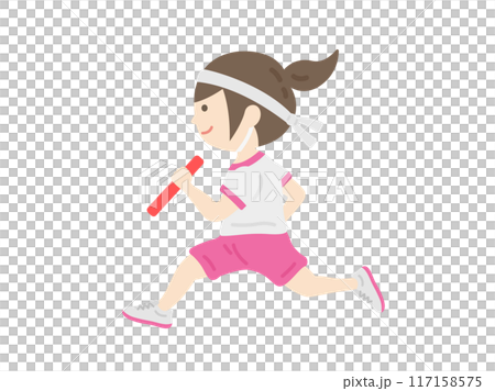 運動会のリレーで走る、バトンを持った、女の子のイラスト 117158575