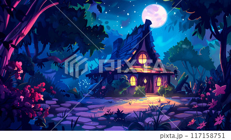 Witchs Cottage in Dense Mystical Forest Night Landscape Cartoon Environment Fantasy Scene Spooky Atmosphere Illustration Magical Forest Exploration Witchcraft Adventure 117158751