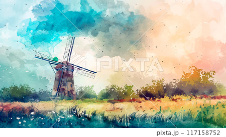 Windmill Vintage Landscape Watercolor Illustration Background Rural Scene Countryside Architecture Agricultural Heritage Traditional Farm 117158752