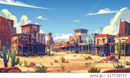 Wild West Town Buildings Prairie Landscape Cartoon Game Background Old Western Saloon Wooden Houses Dirt Road Settlement Deserted Frontier Illustration for Gaming Environment 117158753