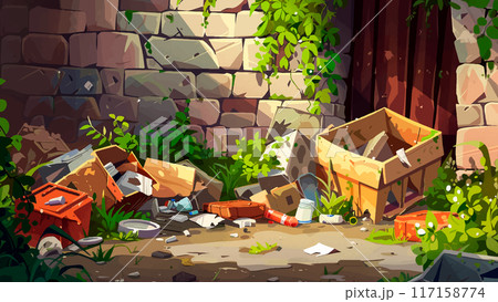 Trash Pile Cartoon Environment Adventure Mobile Game Urban Decay Scene Junkyard Illustration Waste Management Garbage Heap Pollution Litter Debris Discarded Items 117158774