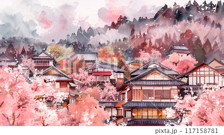Traditional Japanese Village Cherry Blossoms Houses Watercolor Illustration Background Countryside Scene Cultural Heritage Folk Architecture Rural Life 117158781
