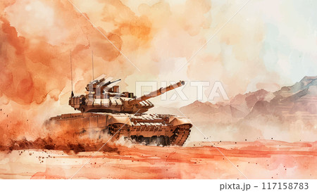 Tank Driving Across Desert Watercolor Illustration Background Military Vehicle Army Armored Vehicle Sand Dunes Arid Landscape War Zone 117158783