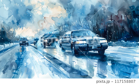 Presidential Motorcade Limousine Security Vehicles Speeding Motorway Watercolor Illustration Background Political Event VIP Escort Protection Service Official Convoy Presidential Motorcade Limousine Security Vehicles Speeding Motorway Watercolor Illustration Background Political Event VIP Escort Protection Service Official Convoy 117158807