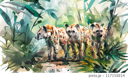 Pack of Hyenas Walking Through Jungle Watercolour Background Illustration Wildlife Safari African Animals Wilderness Scene 117158814