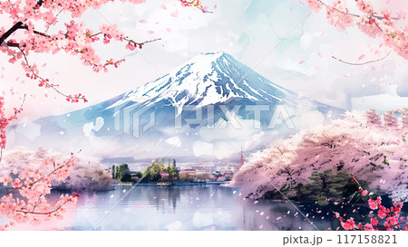 Mount Fuji Cherry Blossoms Foreground Watercolor Illustration Background Japan Scenic Landscape Sakura Springtime Nature Iconic Landmark 117158821