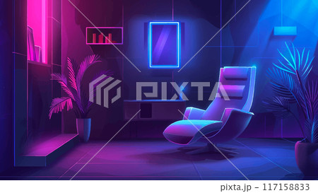 Minimalist Cartoon Interior Game Level Illustration Armchair High Tech Decor Background Modern Furniture Armchair Minimalist Design Decor Accents Geometric Shapes Digital Art 117158833