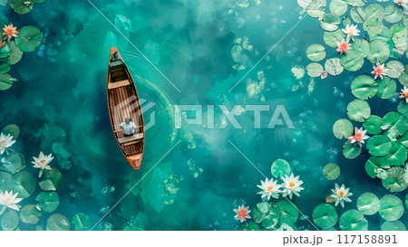 Fisherman Boat Lake Water Lilies Watercolor Illustration Background Tranquil Scene Nature Beauty Outdoor Activity Fishing Leisure 117158891
