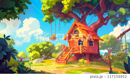 Childrens Tree House Cartoon Environment Adventure Mobile Game Fantasy Play Area Kids Hideout Forest Adventure Illustration Outdoor Exploration Childhood Fantasy Forest Canopy 117158952