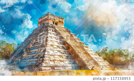 Chichen Itza Watercolor Illustration Background Ancient Mayan Ruins Archaeological Site Historical Landmark Central America Travel 117158953