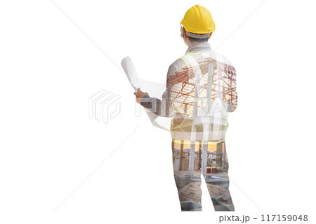 Double exposure image of professional engineer in protective helmet and blueprints paper at building construction site 117159048