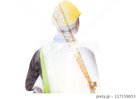 Double exposure image of professional engineer in protective helmet and blueprints paper at building construction site Double exposure image of professional engineer in protective helmet and blueprints paper at building construction site 117159053