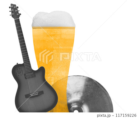 Poster. Contemporary art collage. Glass stands beside electric guitar and cymbal, blending thrill of rock music with refreshment of cold drink, perfect for celebration. Poster. Contemporary art collage. Glass stands beside electric guitar and cymbal, blending thrill of rock music with refreshment of cold drink, perfect for celebration. 117159226