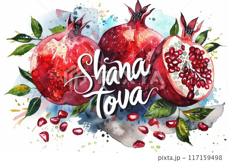 Watercolor illustration with Shana Tova text Watercolor illustration with Shana Tova text 117159498