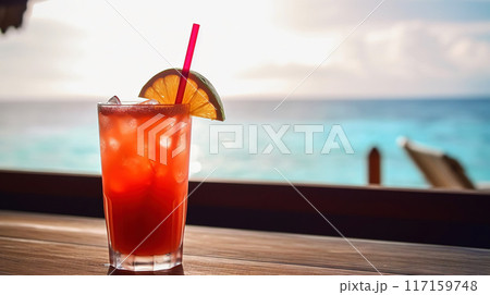 Rum Runner cocktail on background with blue sea and sky tropical background. Generative AI 117159748