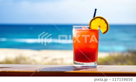 Rum Runner cocktail on background with blue sea and sky tropical background. Generative AI 117159850