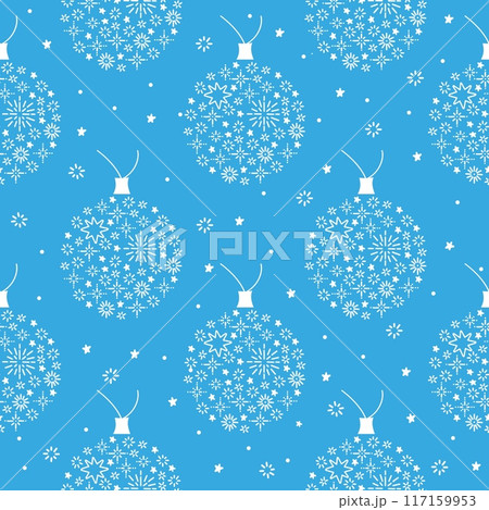 Christmas doodle seamless pattern with balls and snowflakes on blue background. New year vector backdrop. Wrapping paper for Christmas presents 117159953